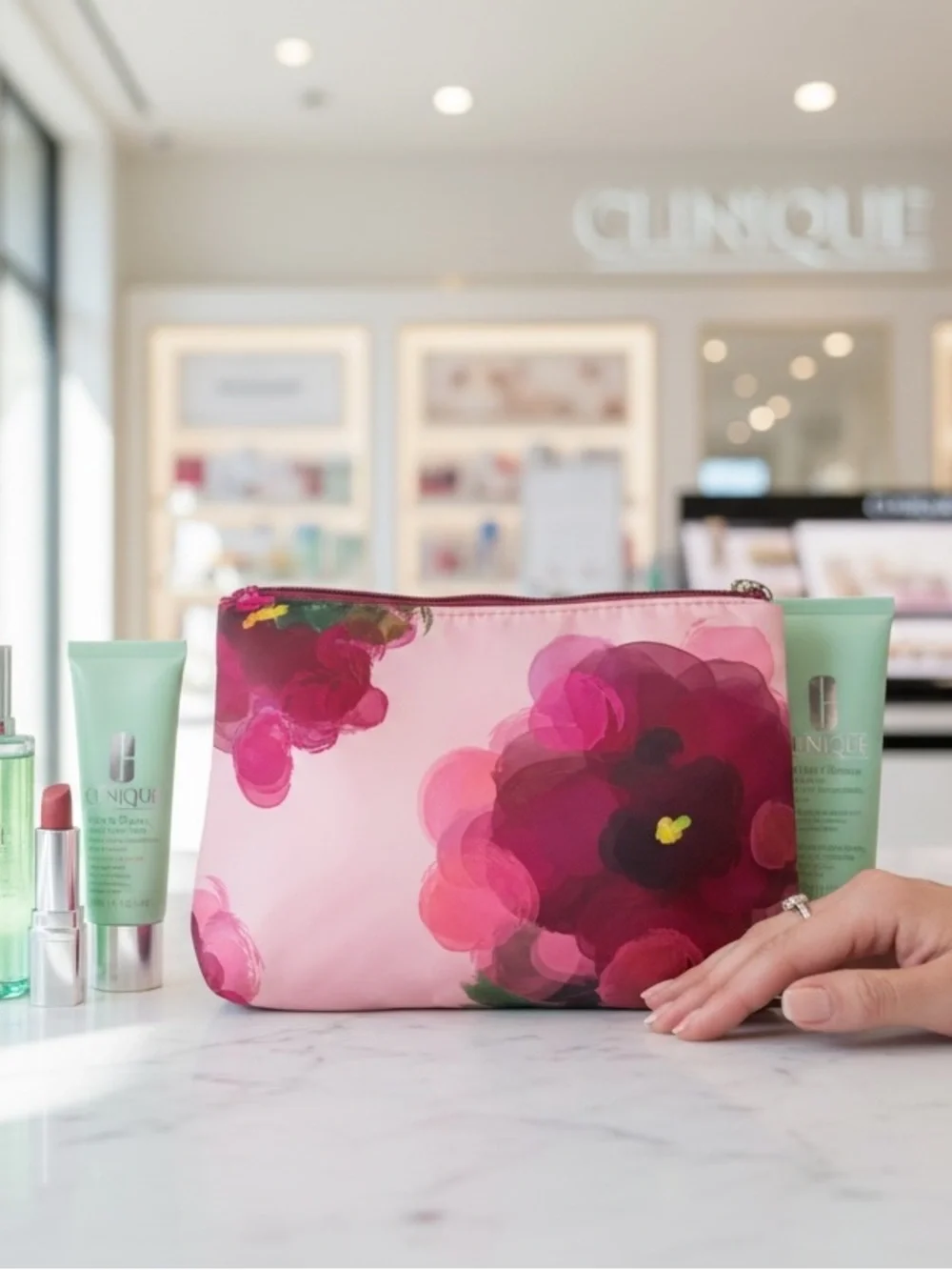 Clinique Pink Floral Zip Cosmetic Pouch